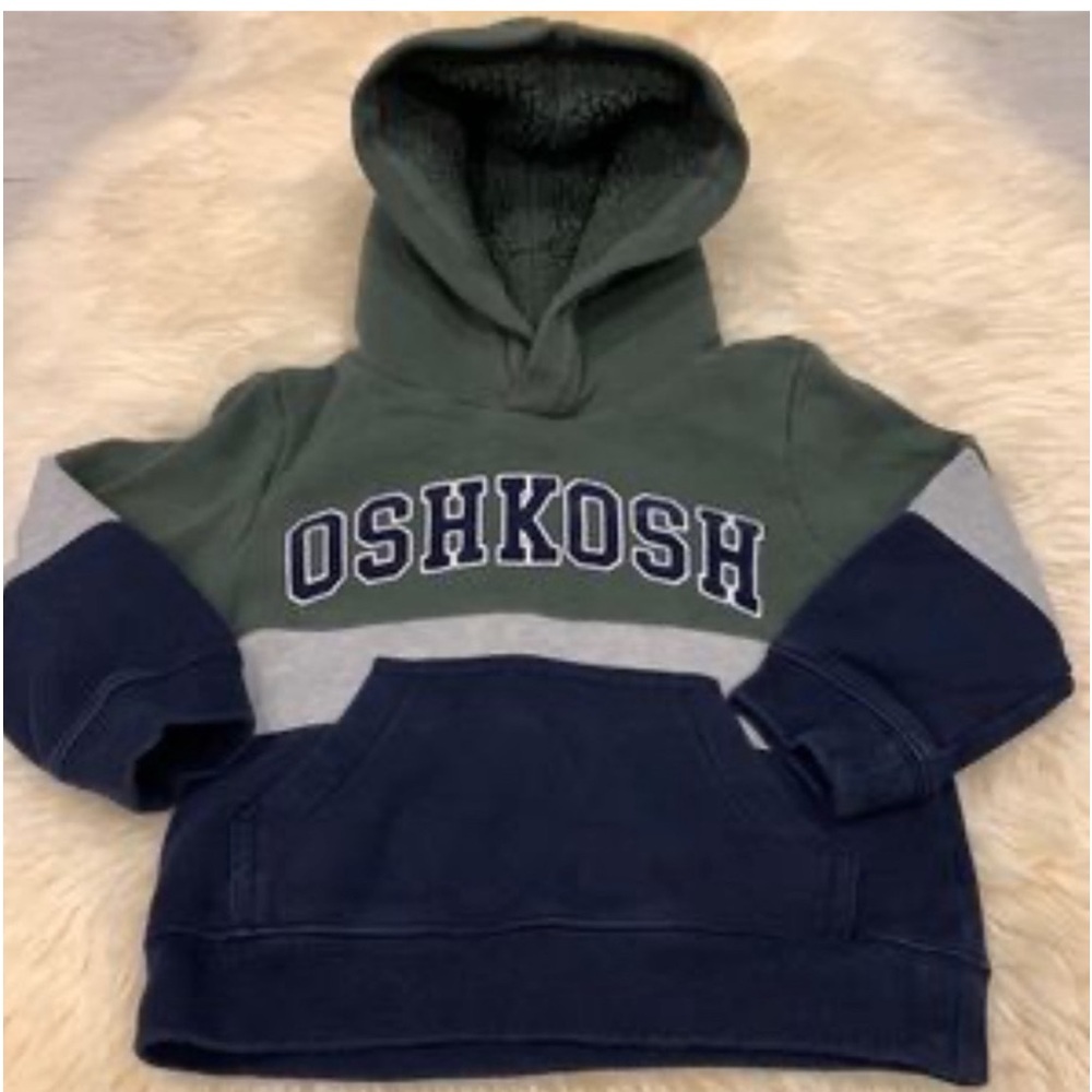 Oshkosh B’gosh toddler Sherpa LogoSweatshirt Hoodie Green Navy SZ:3T Barely Worn